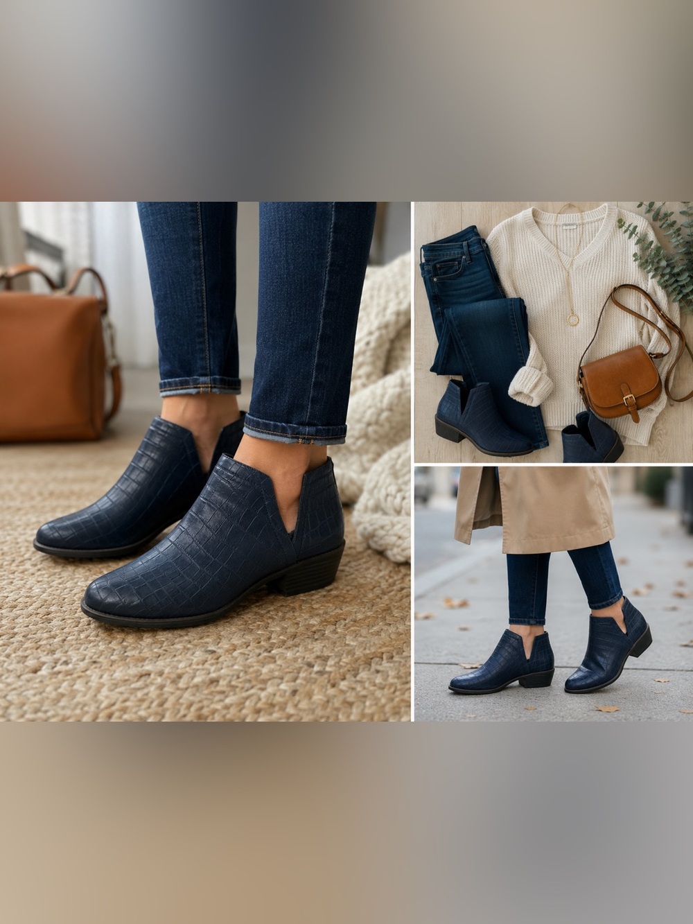 Sugar Blue Croc Embossed Ankle Booties Size 9.5 Block Heel Back Zip